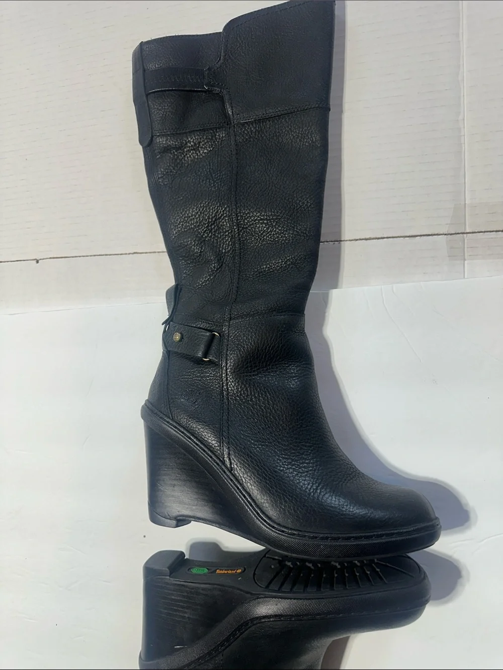 Timberland ion mask technology Black Leather Wedge Knee-High Boots side zipper